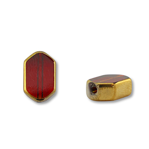 Glas kralen hexagon Red transparent-gold