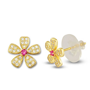 TQ metaal brass oorbellen / oorstekers zirkonia flower Gold