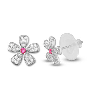TQ metaal brass oorbellen / oorstekers zirkonia flower Silver