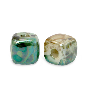 Grieks keramiek DQ kralen cube 8mm Peacock green-beige brown