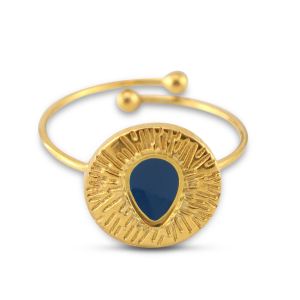 Ringen van Stainless steel Roestvrij staal (RVS) enamel round with drop Gold-cerulean blue