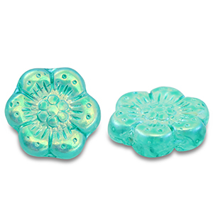 Tsjechische kralen boho flower 14mm Transparent turquoise green-AB coating