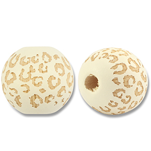 Houten kralen rond 16mm pattern Off white-natural