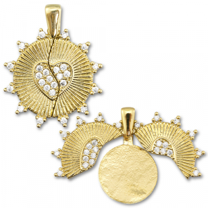 Eco-brass&reg; metaal bedels medaillon zirkonia round with heart / round Gold