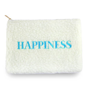 Etui van teddystof "HAPPINESS" Off white-light blue