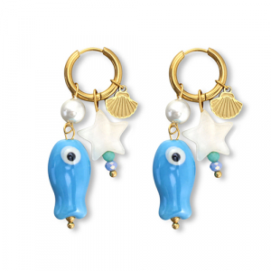 Oorbellen van Stainless steel Roestvrij staal (RVS) fish Gold-blue-white