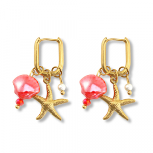 Oorbellen van Stainless steel Roestvrij staal (RVS) starfish & shell Gold-red-white