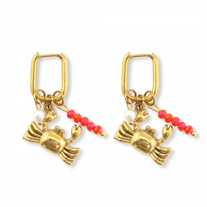 Oorbellen van Stainless steel Roestvrij staal (RVS) crab Gold-red-white