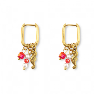 Oorbellen van Stainless steel Roestvrij staal (RVS) seahorse Gold-red-white