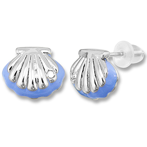 TQ metaal brass oorbellen / oorstekers shell Silver-carolina blue