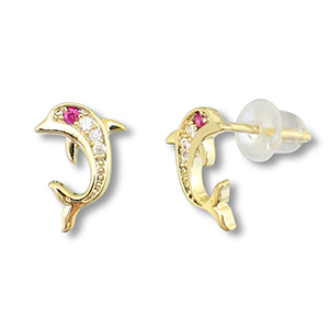 TQ metaal brass oorbellen / oorstekers dolphin Gold-dark pink