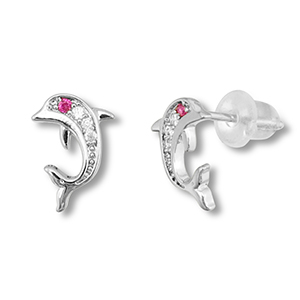 TQ metaal brass oorbellen / oorstekers dolphin Silver-dark pink