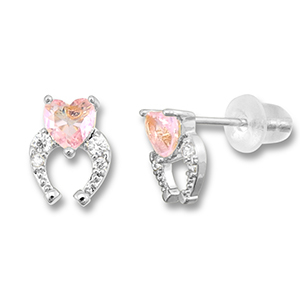 TQ metaal brass oorbellen / oorstekers horseshoe with heart Silver-light pink