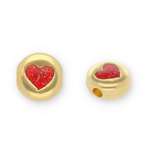 Metaal kralen DQ round with heart Goud-glitter red (Nikkelvrij)
