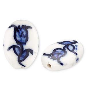 Keramiek kraal oval with tulip Off white-Delft blue