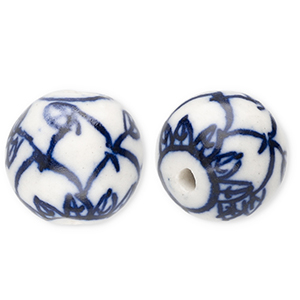 Keramiek kraal 15mm with leaf Off white-Delft blue