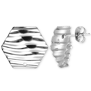 Benodigdheden van Stainless steel Roestvrij staal (RVS) oorbellen / oorsteker hexagon with lines with loop Silver