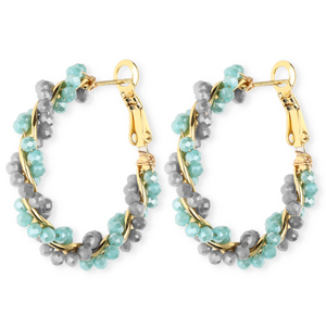 Oorbellen van facet creolen twisted Light teal blue-blue grey-gold