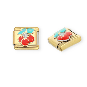 Italian charms losse schakels van Stainless steel Roestvrij staal(RVS) cherries Gold-red-green