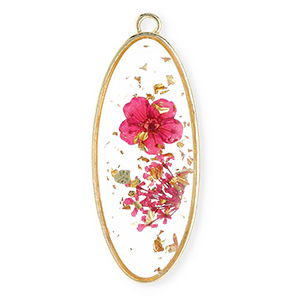 Gedroogde bloemetjes bedel oblong oval Gold-cherry pink