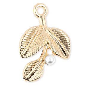 Metaal bedels leaves with pearl Gold-white